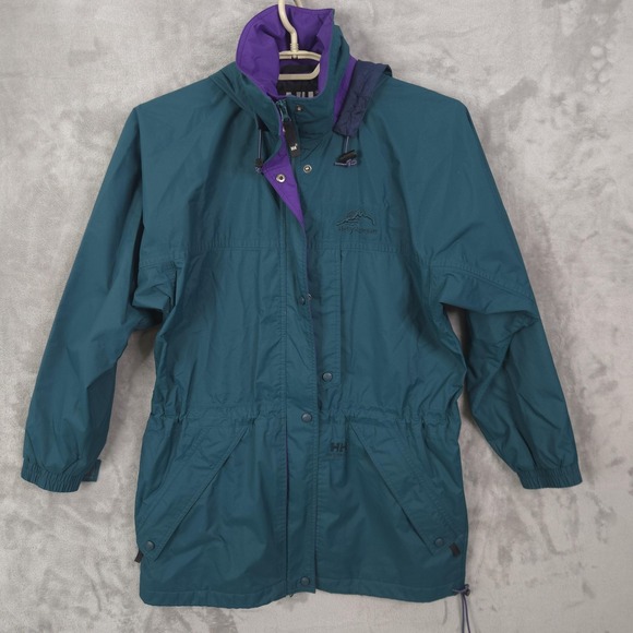 Vintage Helly Hansen Jacket Mens Medium Teal Purple Hooded Shell Rain Parka 90s